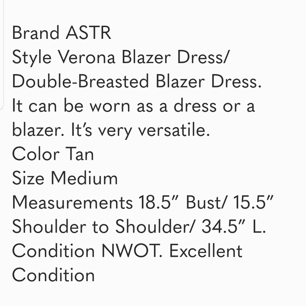 LINEN Blend ASTR Verona Blazer Dress Style # ADR95272 tan double breasted Sz: M - Picture 15 of 15